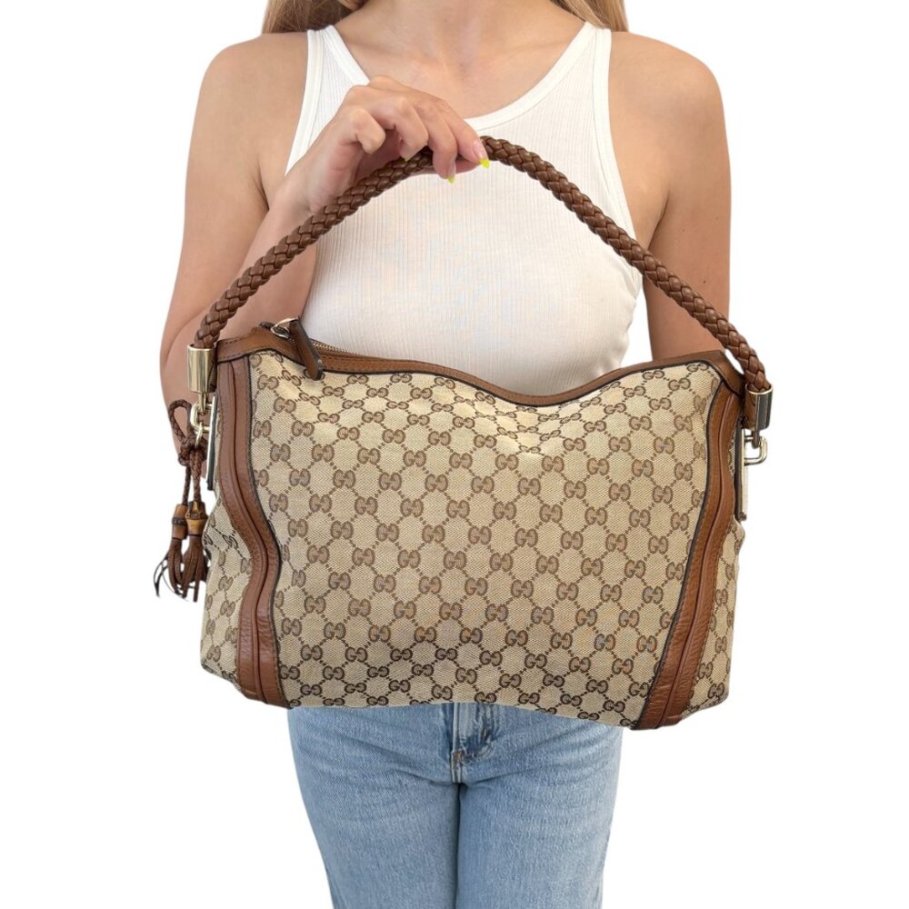 GUCCI Vintage GG Logo Monogram Shoulder Bag Brown Canvas Leather Bamboo [106428] - Picture 2 of 16